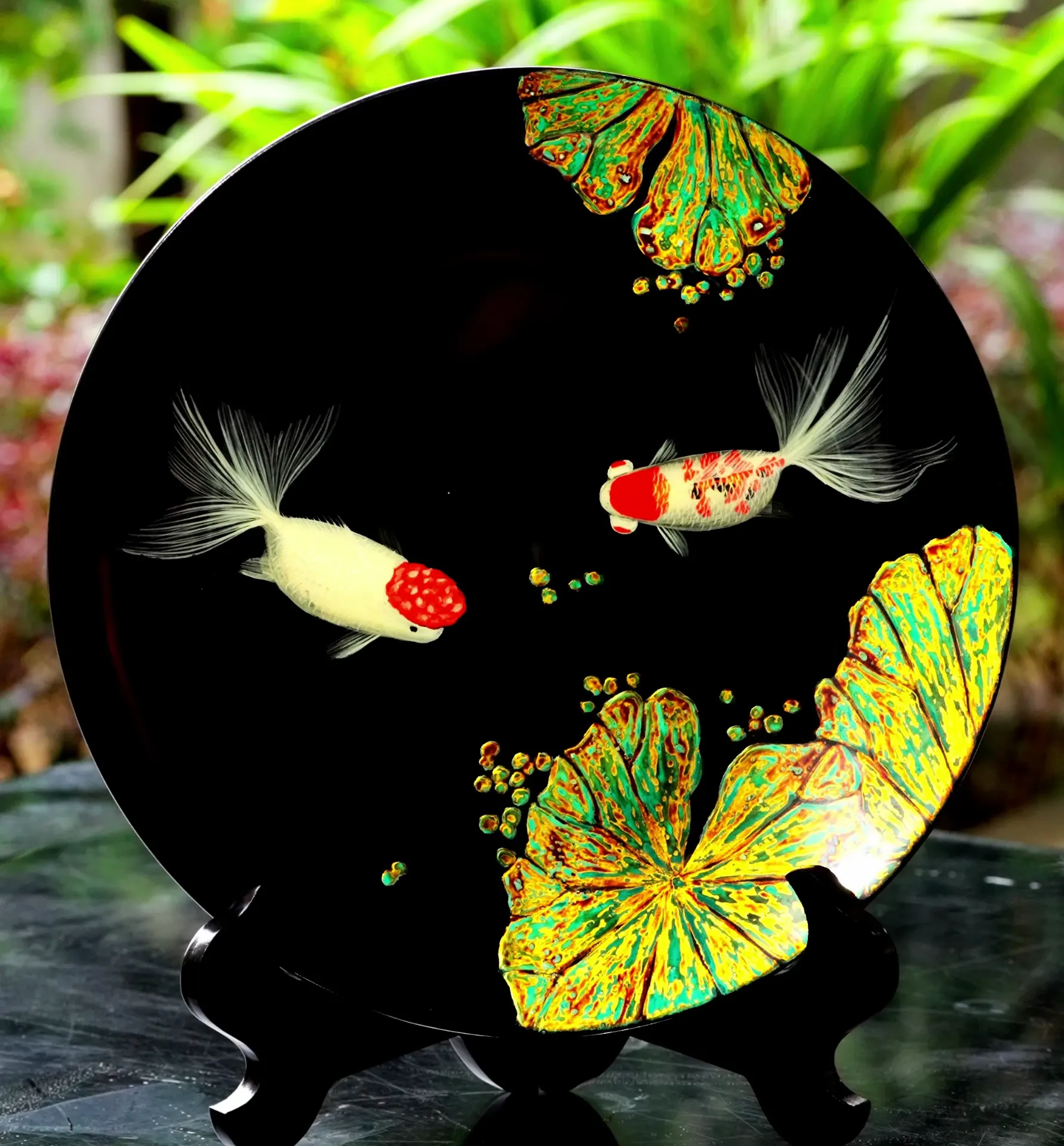 The Infinite Glow: Traditional Bodiless Lacquer Plate with Golden Carp and Lotus Motif