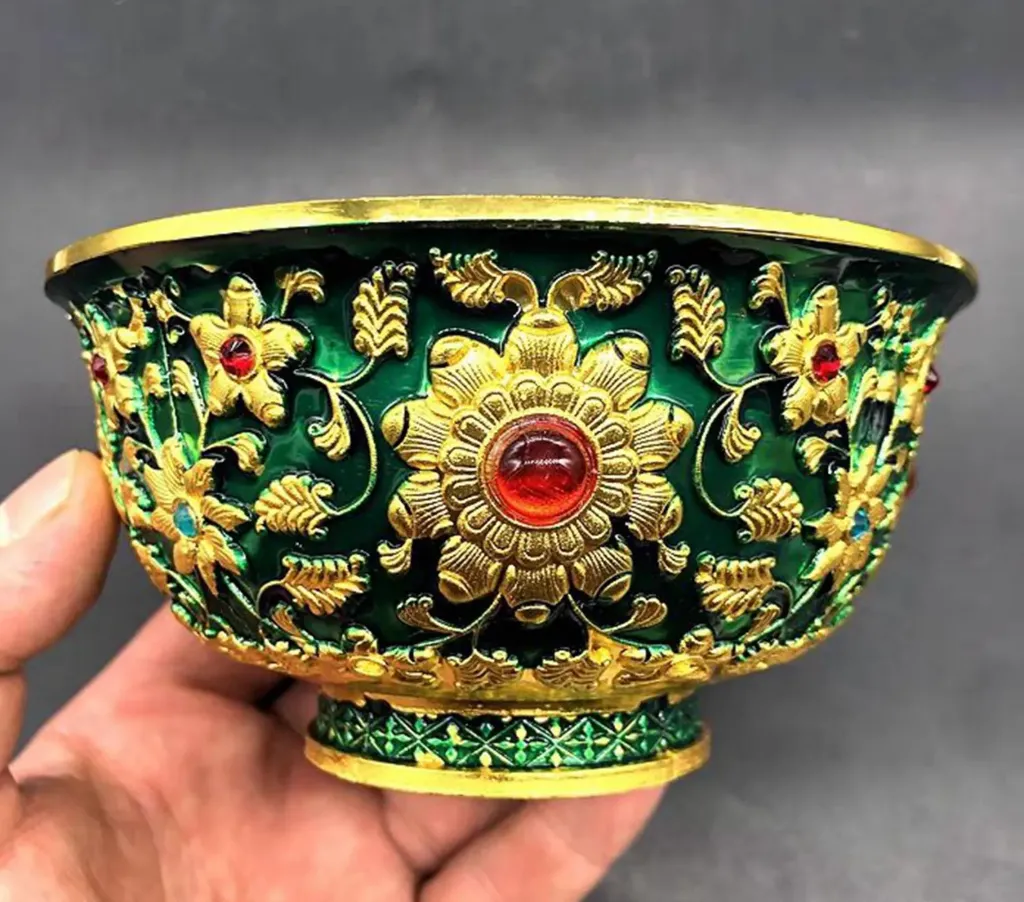 Ornate Emerald and Gold Floral Enamel Bowl