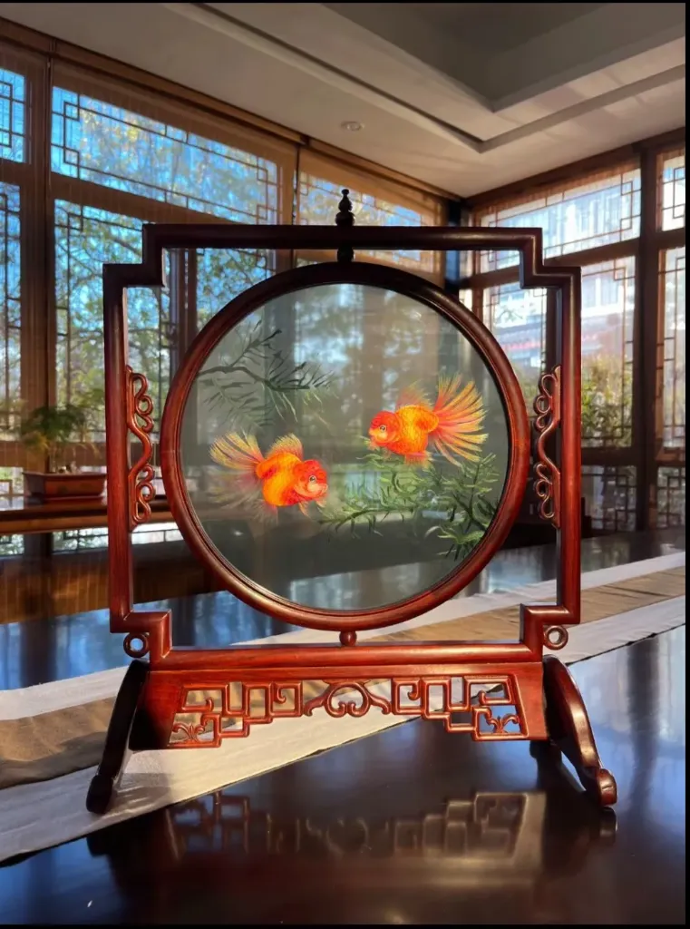 Chinese Double Sided Goldfish Rotating Silk Embroidery Screen